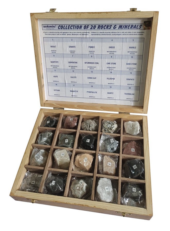 Rocksmins RM20WB-SC Collection of 20 Rocks & Minerals in Wooden Box with 20 Big Specimen Set of Rock Igneous Sedimentary Metamorphic Rock Mineral Collection Geology Kits ideal for Study of Earth Stone - Image 3